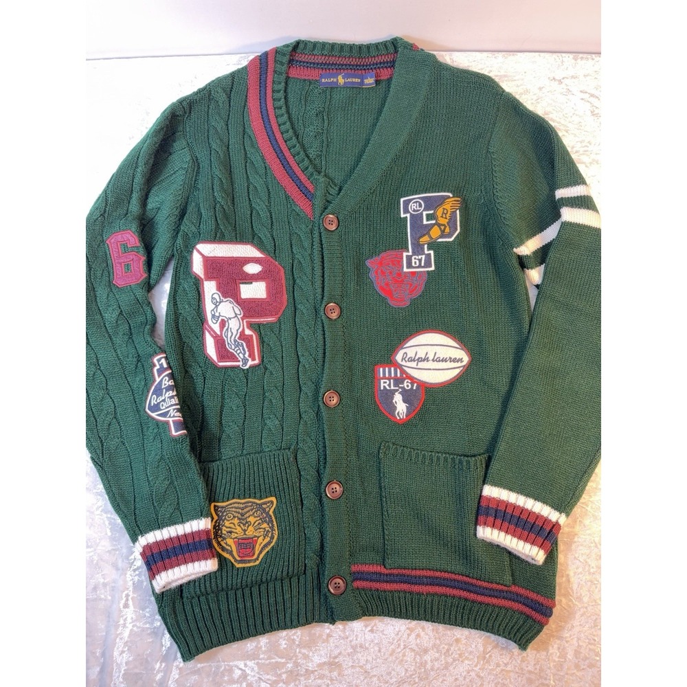 Ralph Lauren Men's L Varsity Cardigan Green Cable Knit Patch P Wing RL 67
